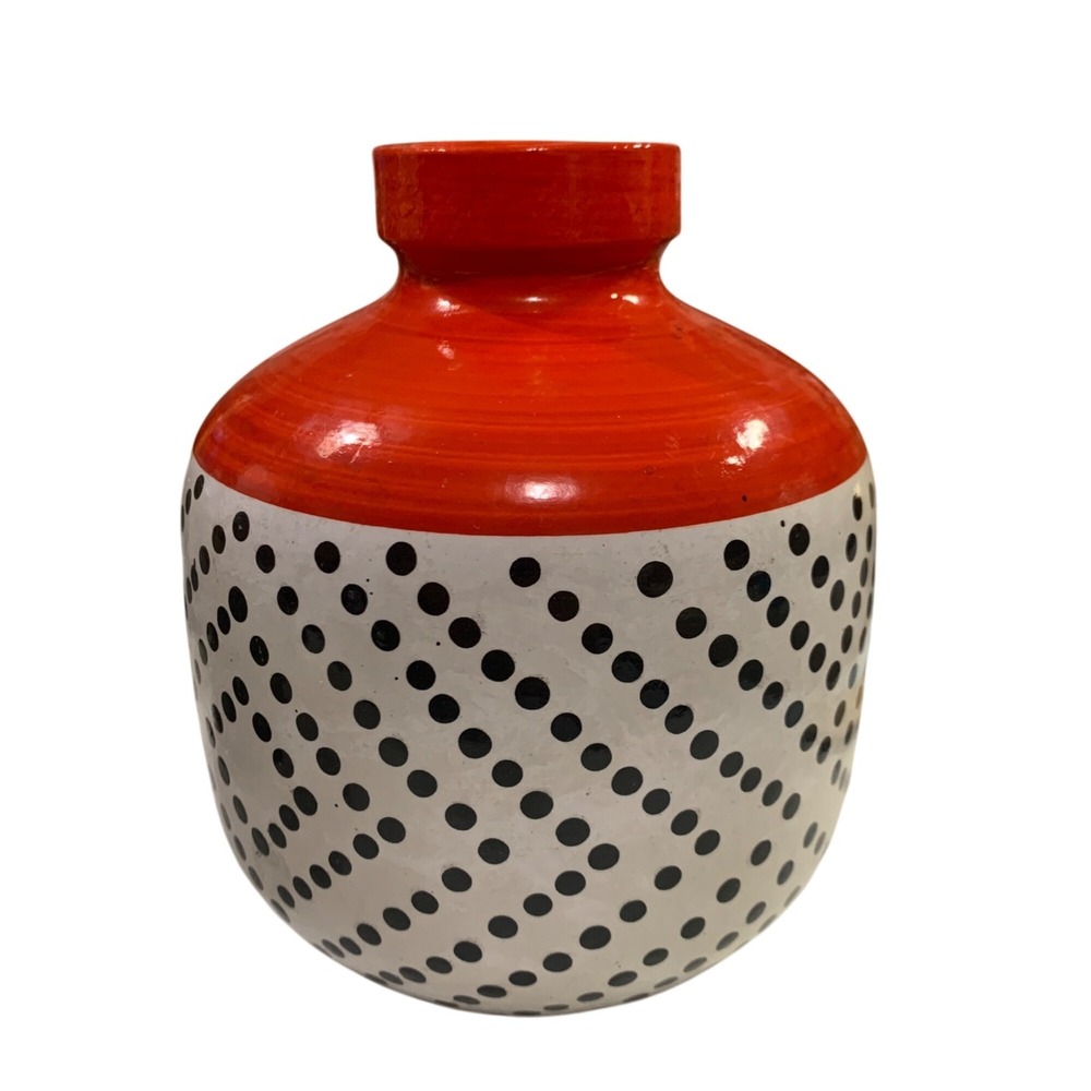 "Rosita" Ceramic Bud Vase- Bolas Bailandas Orange Black Polka Dot Modern 6"x 5"